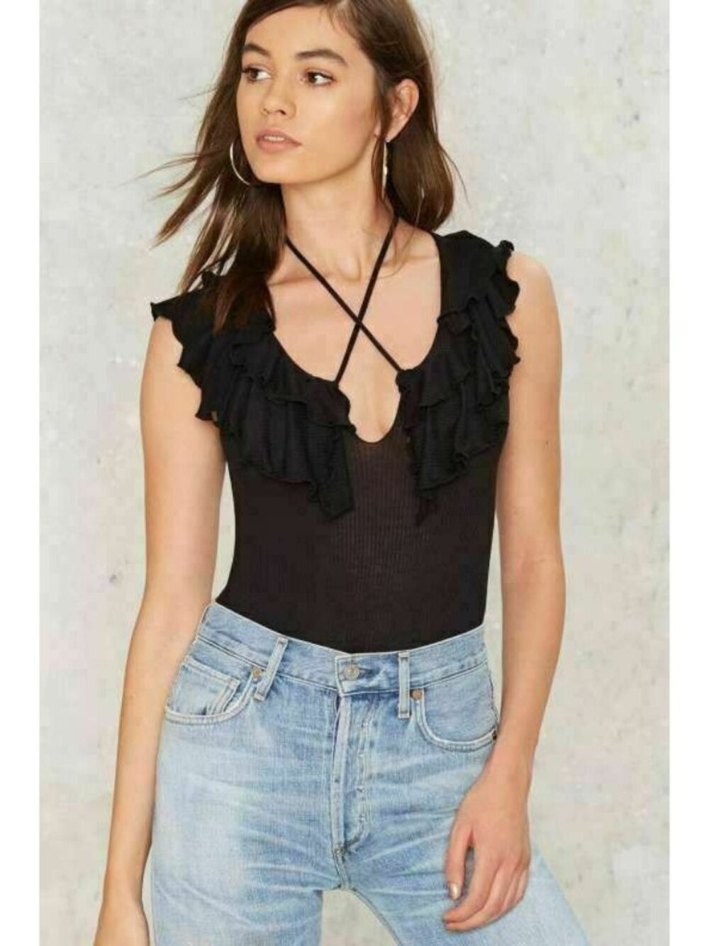 Nasty Gal Bring Up The Tier Ruffle Bodysuit Black Ribbed Size S M